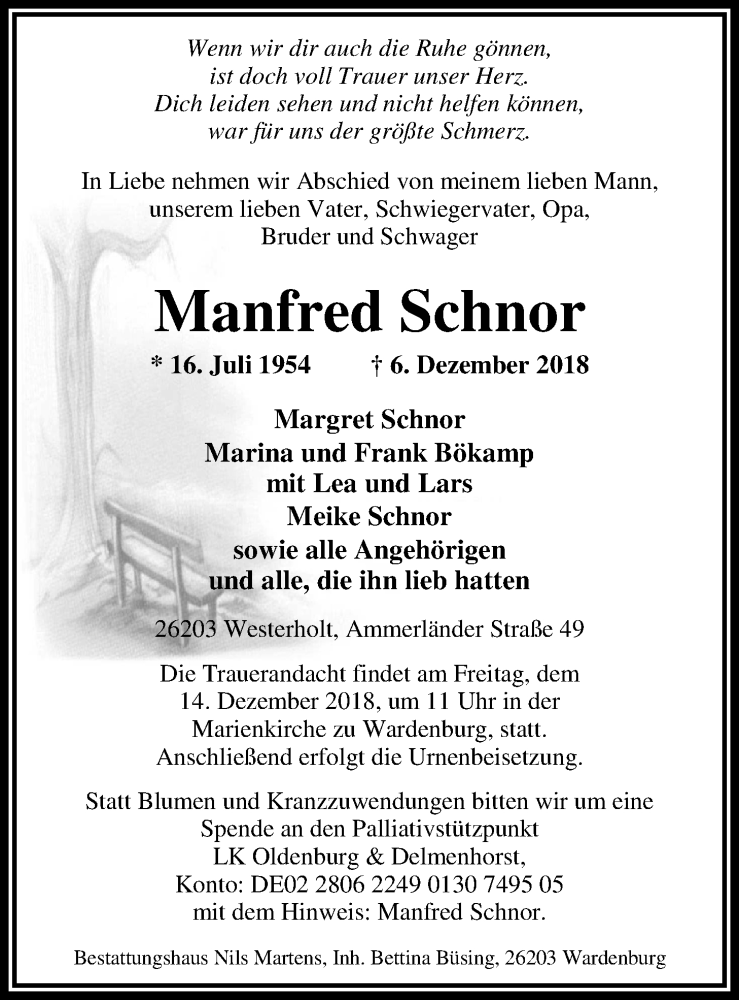  Traueranzeige für Manfred Schnor vom 08.12.2018 aus Nordwest-Zeitung