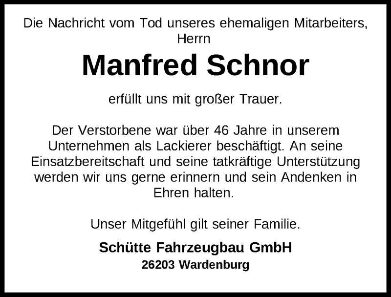  Traueranzeige für Manfred Schnor vom 10.12.2018 aus Nordwest-Zeitung