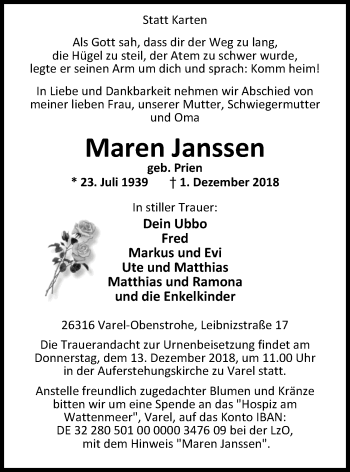 Traueranzeige von Maren Janssen von Nordwest-Zeitung