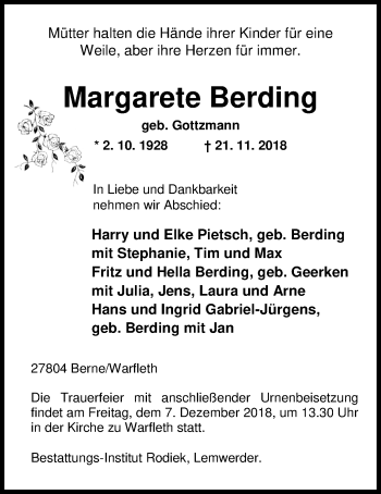 Traueranzeige von Margarete Berding von Nordwest-Zeitung