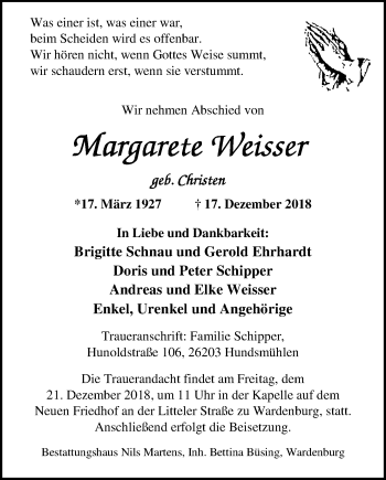Traueranzeige von Margarete Weisser von Nordwest-Zeitung
