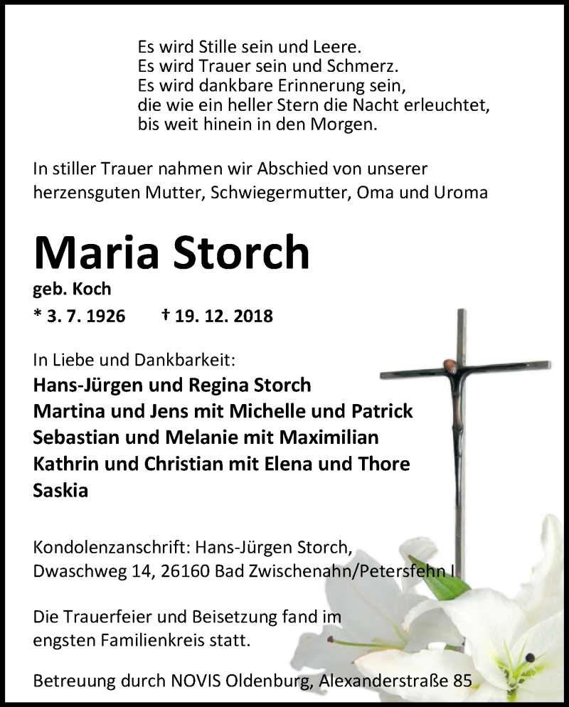  Traueranzeige für Maria Storch vom 31.12.2018 aus Nordwest-Zeitung