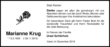 Traueranzeige von Marianne Krug von Nordwest-Zeitung