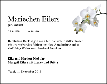Traueranzeige von Mariechen Eilers von Nordwest-Zeitung