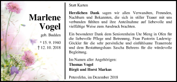Traueranzeige von Marlene Vogel von Nordwest-Zeitung
