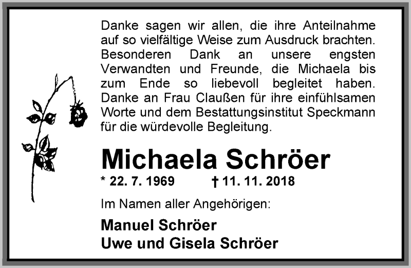  Traueranzeige für Michaela Schröer vom 22.12.2018 aus Nordwest-Zeitung