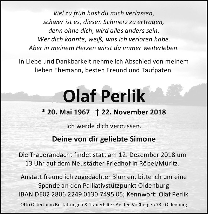  Traueranzeige für Olaf Perlik vom 04.12.2018 aus Nordwest-Zeitung