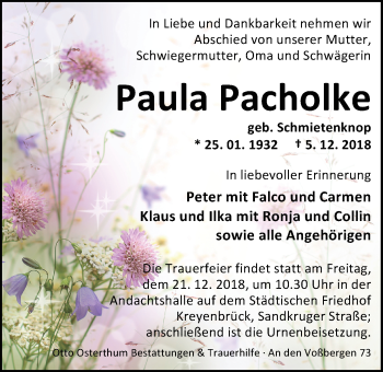 Traueranzeige von Paula Pacholke von Nordwest-Zeitung