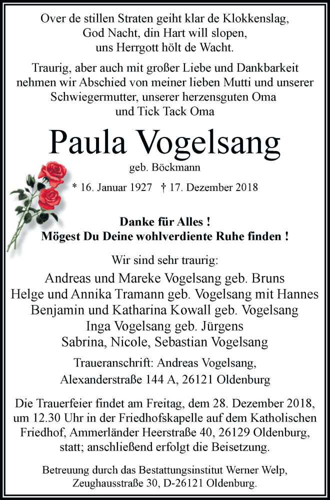  Traueranzeige für Paula Vogelsang vom 21.12.2018 aus Nordwest-Zeitung