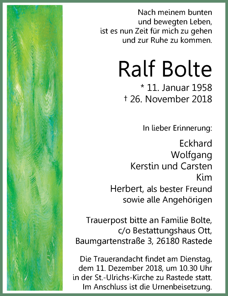  Traueranzeige für Ralf Bolte vom 08.12.2018 aus Nordwest-Zeitung