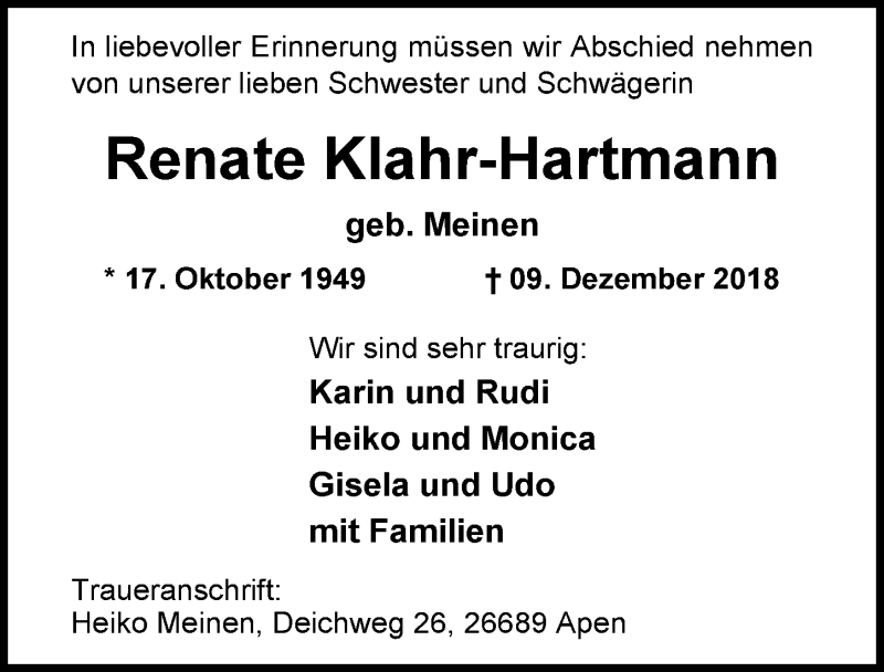  Traueranzeige für Renate Klahr-Hartmann vom 12.12.2018 aus Nordwest-Zeitung