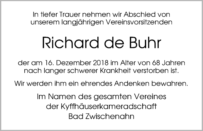  Traueranzeige für Richard de Buhr vom 19.12.2018 aus Nordwest-Zeitung