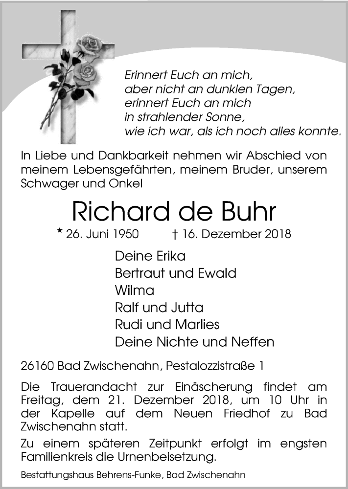  Traueranzeige für Richard de Buhr vom 19.12.2018 aus Nordwest-Zeitung