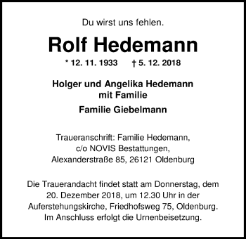 Traueranzeige von Rolf Hedemann von Nordwest-Zeitung