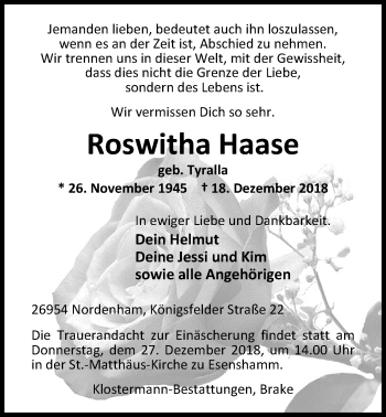 Traueranzeige von Roswitha Haase von Nordwest-Zeitung