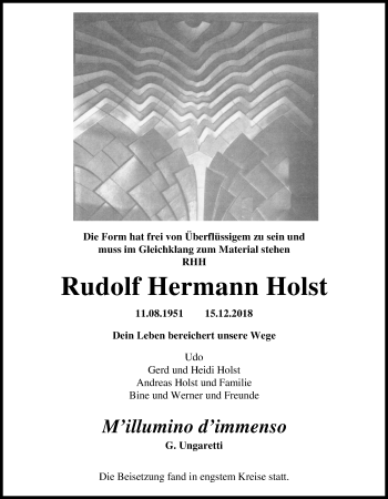 Traueranzeige von Rudolf Hermann Holst von Nordwest-Zeitung