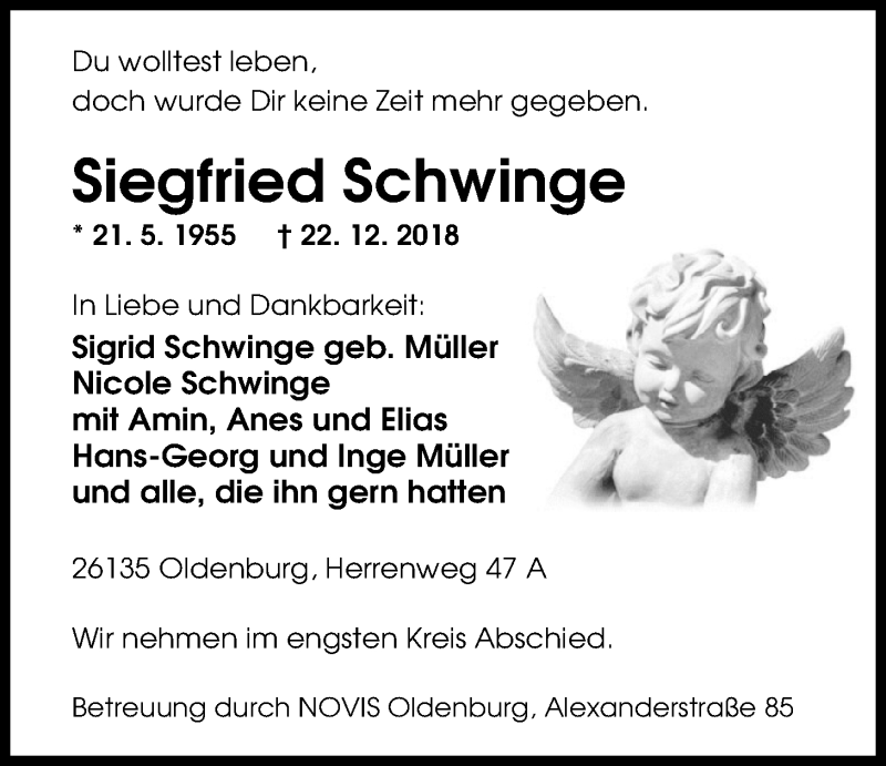  Traueranzeige für Siegfried Schwinge vom 31.12.2018 aus Nordwest-Zeitung