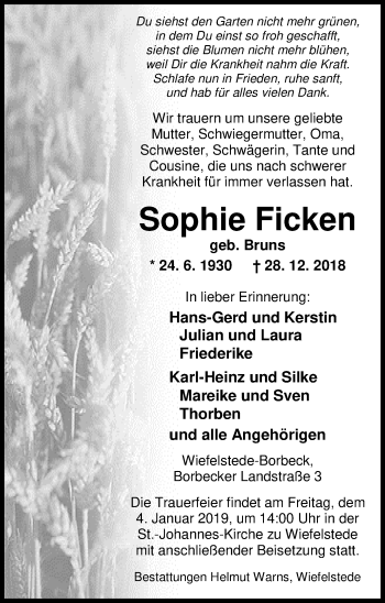 Traueranzeige von Sophie Ficken von Nordwest-Zeitung