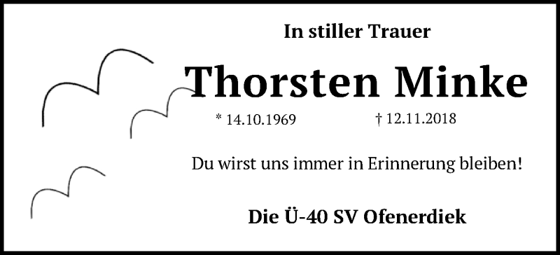  Traueranzeige für Thorsten Minke vom 05.12.2018 aus Nordwest-Zeitung