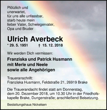 Traueranzeige von Ulrich Averbeck von Nordwest-Zeitung