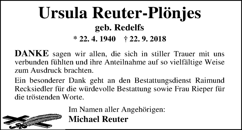  Traueranzeige für Ursula Reuter-Plönjes vom 07.12.2018 aus Nordwest-Zeitung