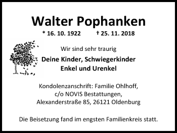 Traueranzeige von Walter Pophanken von Nordwest-Zeitung