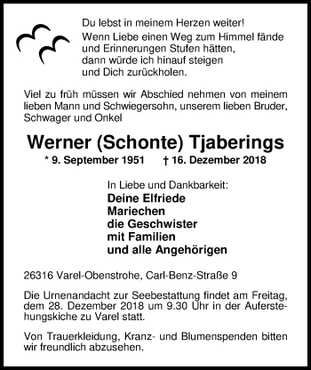 Traueranzeige von Werner (Schonte) Tjaberings von Nordwest-Zeitung