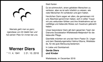 Traueranzeige von Werner Diers von Nordwest-Zeitung