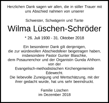 Traueranzeige von Wilma Lüschen-Schröder von Nordwest-Zeitung