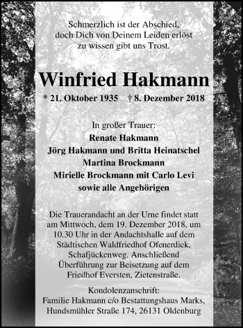Traueranzeige von Winfried Hakmann von Nordwest-Zeitung