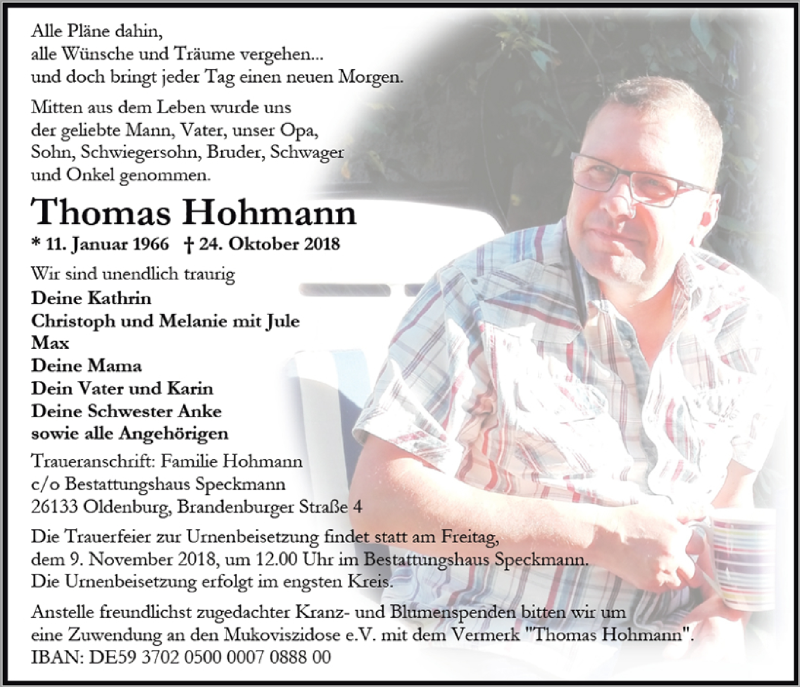  Traueranzeige für Thomas Hohmann vom 03.11.2018 aus Nordwest-Zeitung