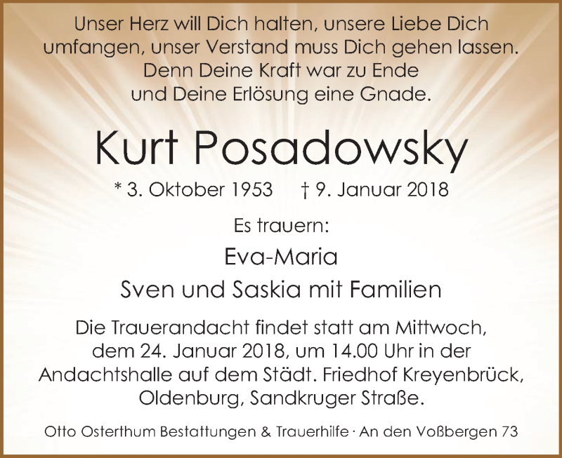  Traueranzeige für Kurt Posadowsky vom 20.01.2018 aus Nordwest-Zeitung