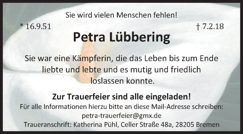  Traueranzeige für Petra Lübbering vom 10.02.2018 aus Nordwest-Zeitung