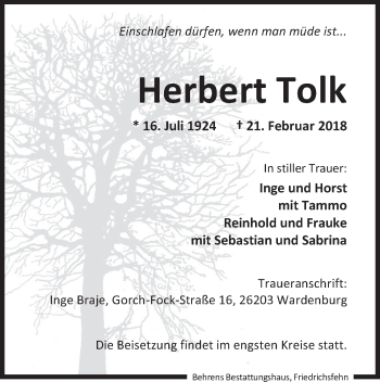Traueranzeige von Herbert Tolk von Nordwest-Zeitung