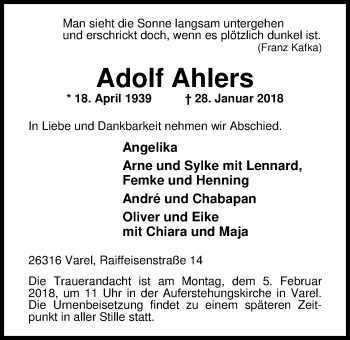 Traueranzeige von Adolf Ahlers von Nordwest-Zeitung