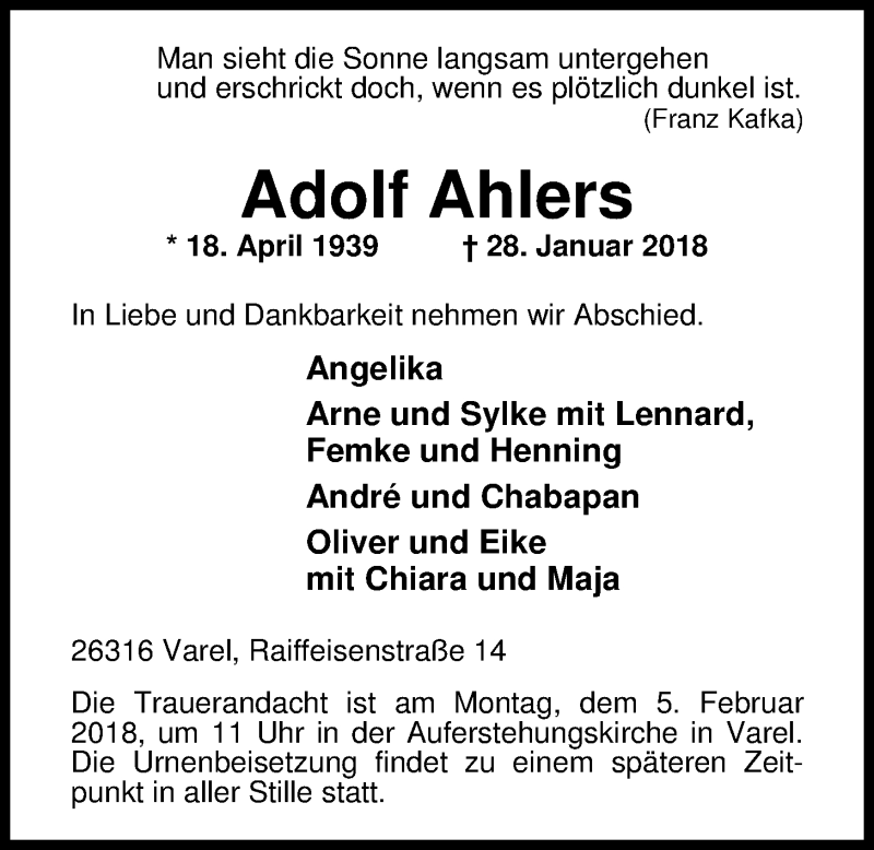 Traueranzeige für Adolf Ahlers vom 02.02.2018 aus Nordwest-Zeitung