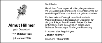 Traueranzeige von Almut Hillmer von Nordwest-Zeitung