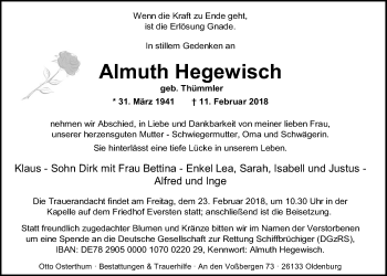 Traueranzeige von Almuth Hegewisch von Nordwest-Zeitung