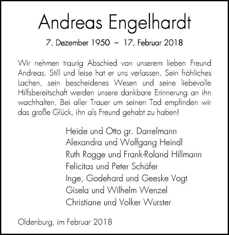  Traueranzeige für Prof. Dr. Andreas Engelhardt vom 23.02.2018 aus Nordwest-Zeitung