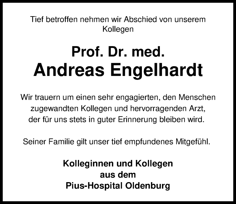  Traueranzeige für Prof. Dr. Andreas Engelhardt vom 24.02.2018 aus Nordwest-Zeitung
