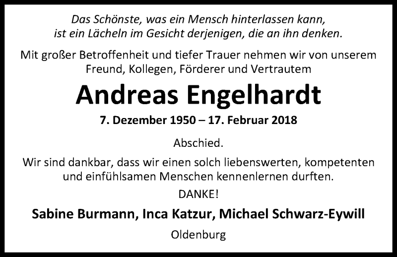  Traueranzeige für Prof. Dr. Andreas Engelhardt vom 27.02.2018 aus Nordwest-Zeitung