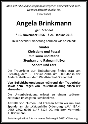Traueranzeige von Angela Brinkmann von Nordwest-Zeitung