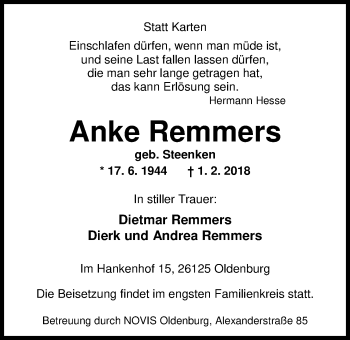 Traueranzeige von Anke Remmers von Nordwest-Zeitung