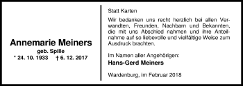 Traueranzeige von Annemarie Meiners von Nordwest-Zeitung