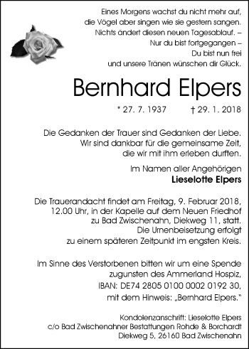 Traueranzeige von Bernhard Elpers von Nordwest-Zeitung