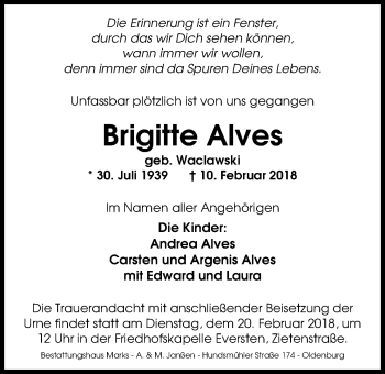 Traueranzeige von Brigitte Alves von Nordwest-Zeitung