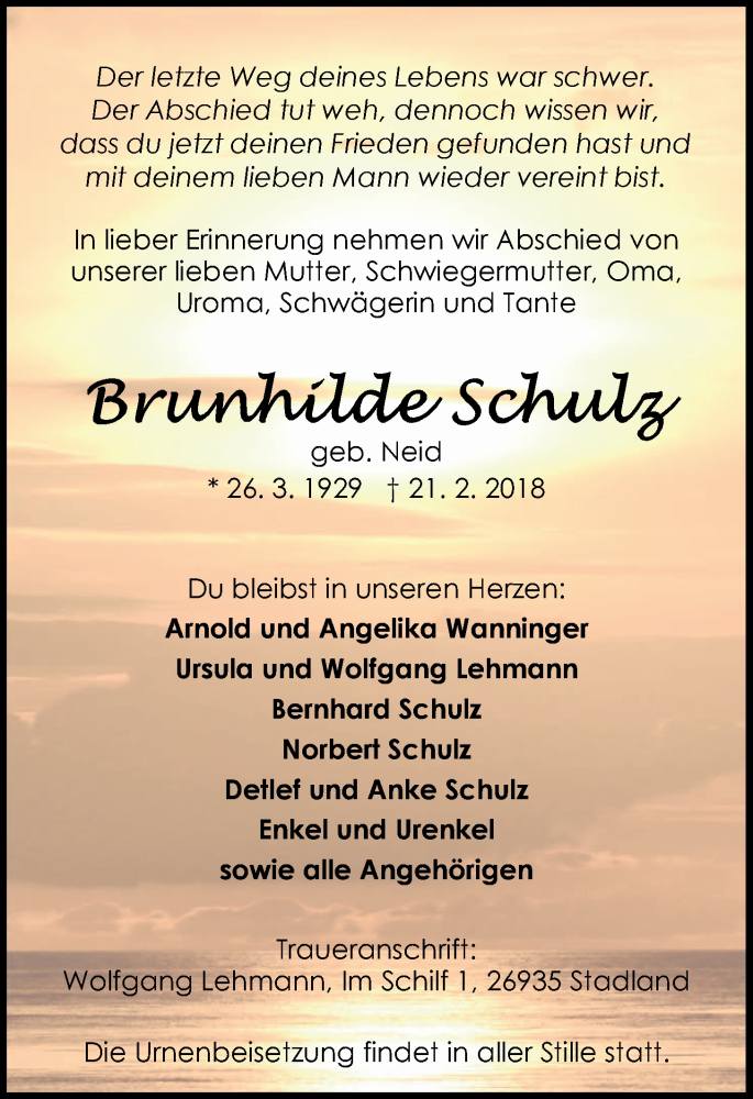  Traueranzeige für Brunhilde Schulz vom 24.02.2018 aus Nordwest-Zeitung