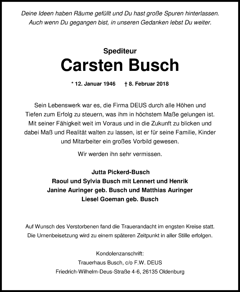  Traueranzeige für Carsten Busch vom 22.02.2018 aus Nordwest-Zeitung