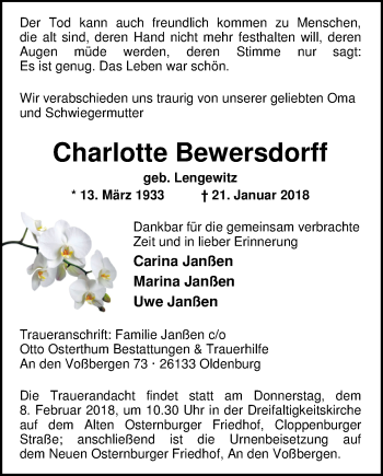 Traueranzeige von Charlotte Bewersdorff von Nordwest-Zeitung