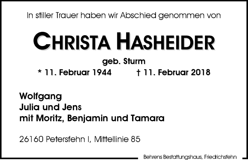  Traueranzeige für Christa Hasheider vom 24.02.2018 aus Nordwest-Zeitung